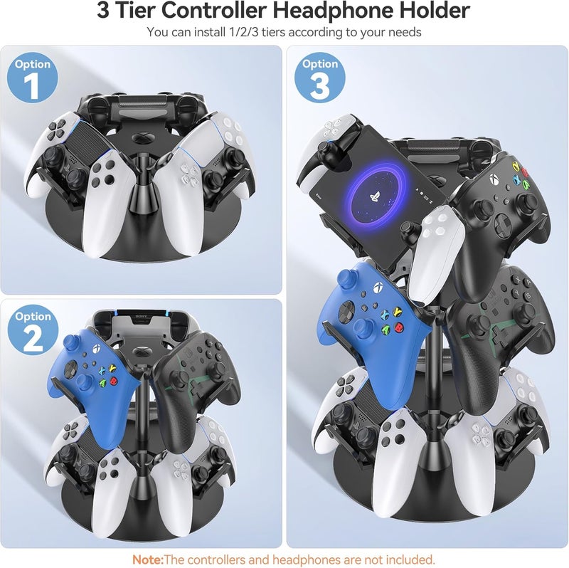 Kosker Headset Stand 3 Tiers for Desk, Rotatable Gaming Controller Stand for PS5/PS4/Xbox/Switch2/PS Portal/Phone, Universal PC Gamer Gift Accessory Controller/Headphone Holder for 9 Packs Controller - Image 2